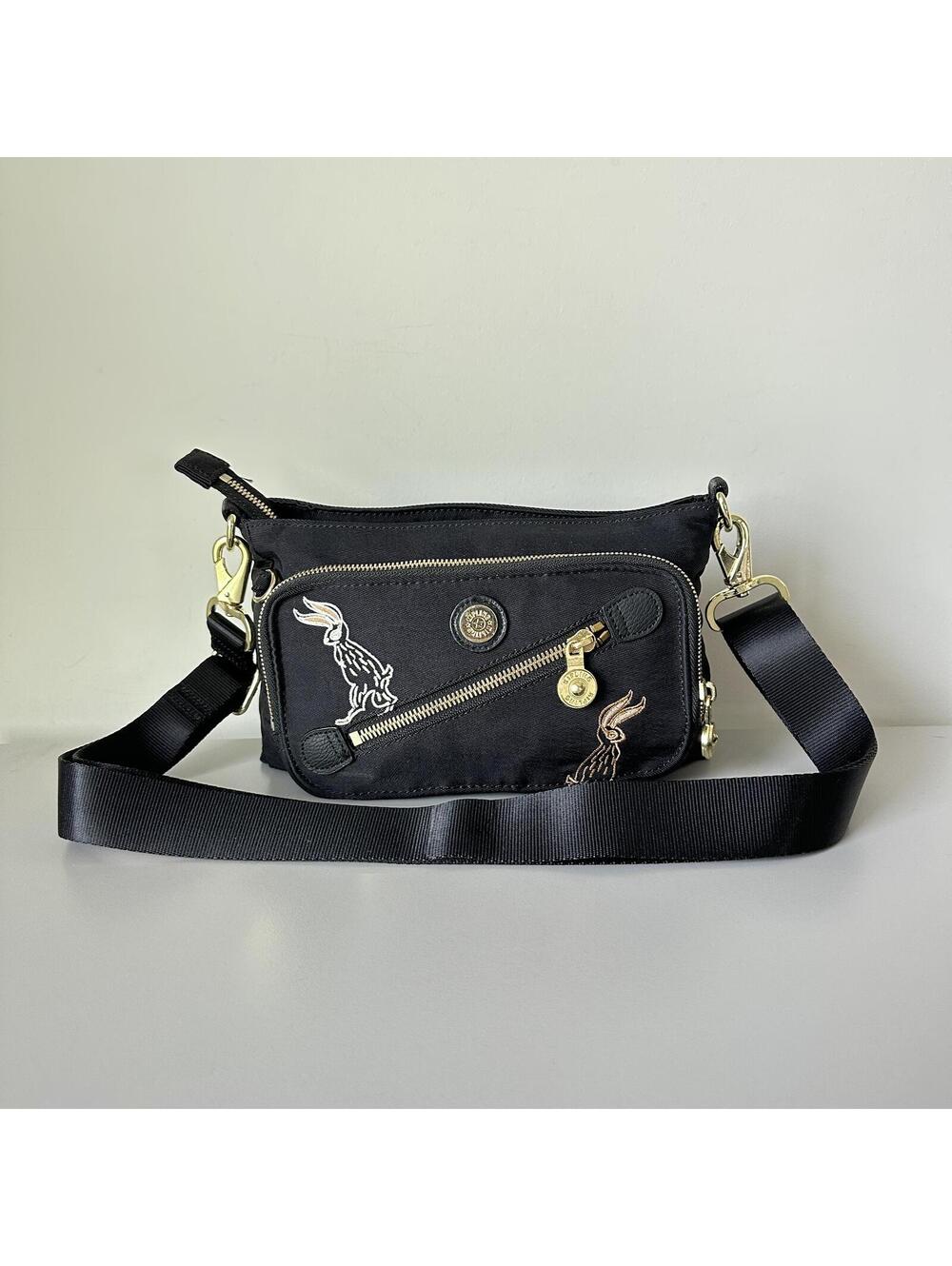 Kipling Gold Rabbit Milo Small Handbag with Crossbody Strap in Black NWOT